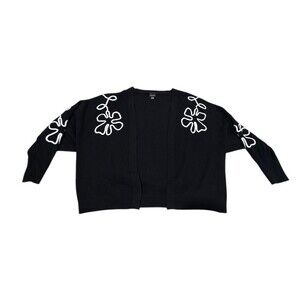 Aaeda Cardigan Sweater Womens Size M Black White Floral Embroidered Open